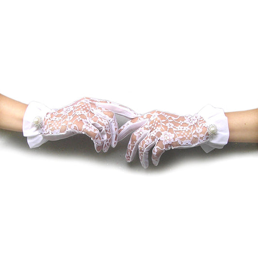 White Lace Gloves, Lace Wedding Gloves with Heart Shaped Pearl and Rhinestone Jewelry