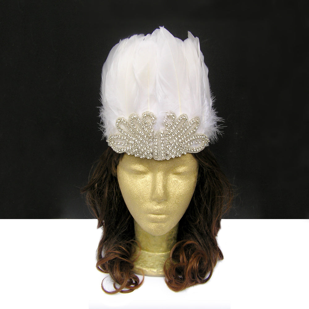 White Feather Bohemian Headpiece Wedding, White Feather Hair Accessory, Boho Rhinestone Headband