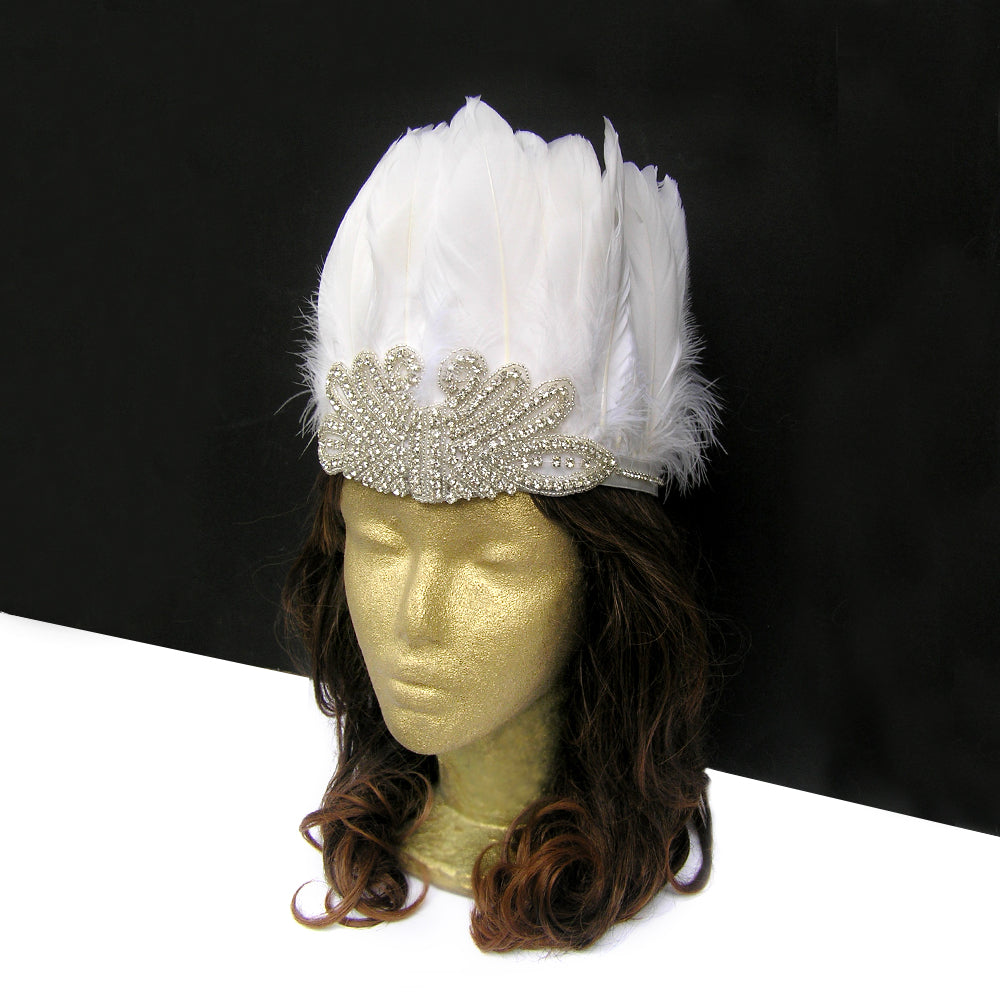 White Feather Bohemian Headpiece Wedding, White Feather Hair Accessory, Boho Rhinestone Headband