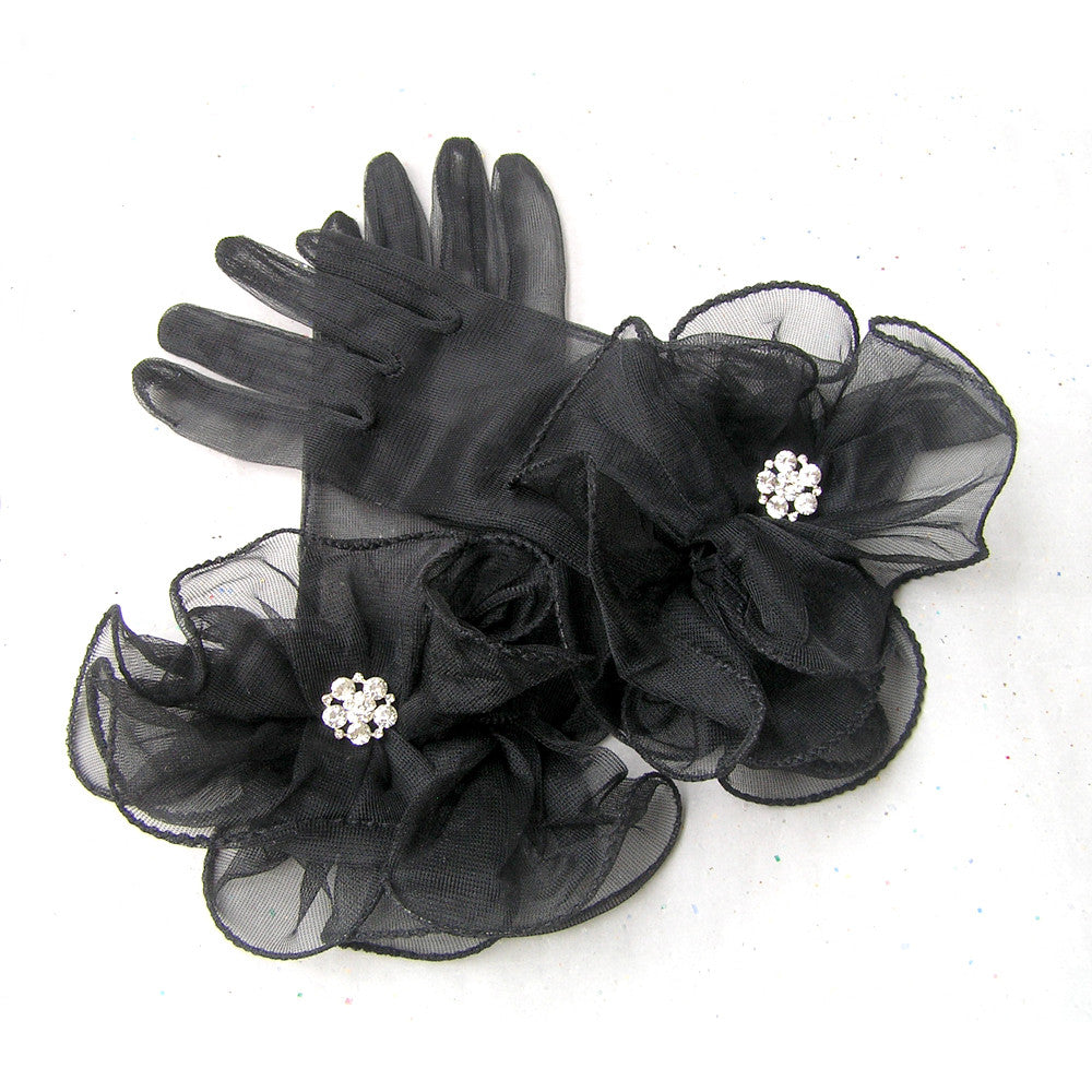 Guantes negros transparentes, guantes de noche de estilo vintage con joyas de pedrería