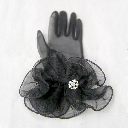 Sheer Black Gloves, Vintage Style Evening Gloves with Rhinestone Jewelry