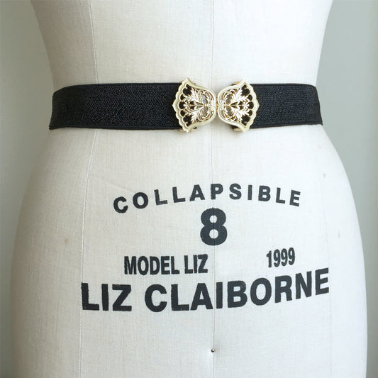 Vintage Gold & Cream Enamel Flower Belt Buckle, Dress Belt Woman, Black & Gold Evening Belt