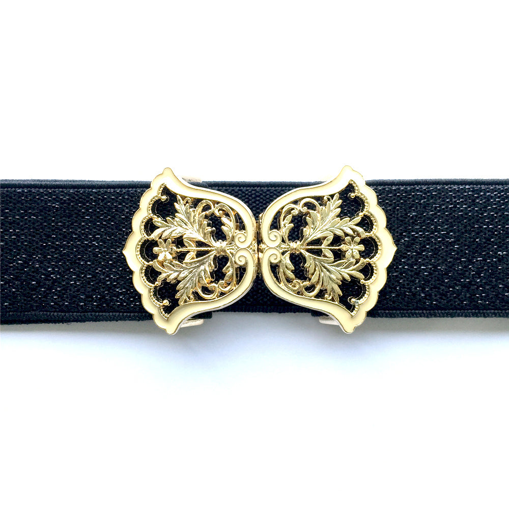 Vintage Gold & Cream Enamel Flower Belt Buckle, Dress Belt Woman, Black & Gold Evening Belt
