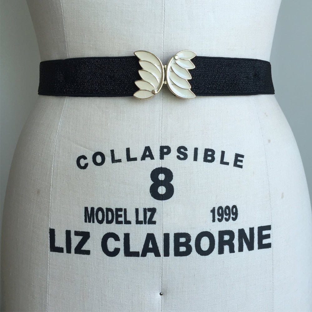 Vintage Elastic Belt Women, Stretch Cinch Belt Plus Size, Retro Metal Leaf Belt, Black Dress Belt