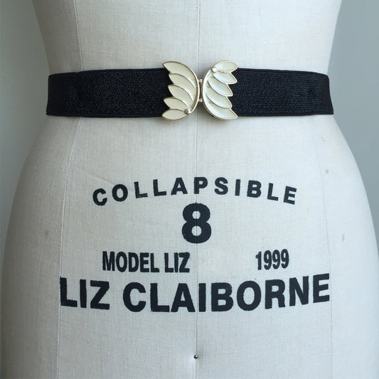 Vintage Elastic Belt Women, Stretch Cinch Belt Plus Size, Retro Metal Leaf Belt, Black Dress Belt
