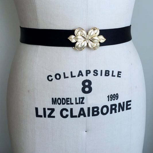 Women Stretch Belts, Gold Leaf Belt, Custom Black Dress Belt with Vintage Gold Belt Buckle from Japan