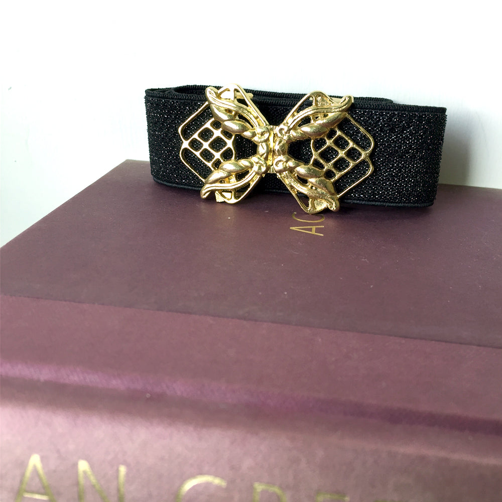 Cinturón de noche negro y dorado, cinturón elástico de mujer personalizado, cinturón de vestir brillante