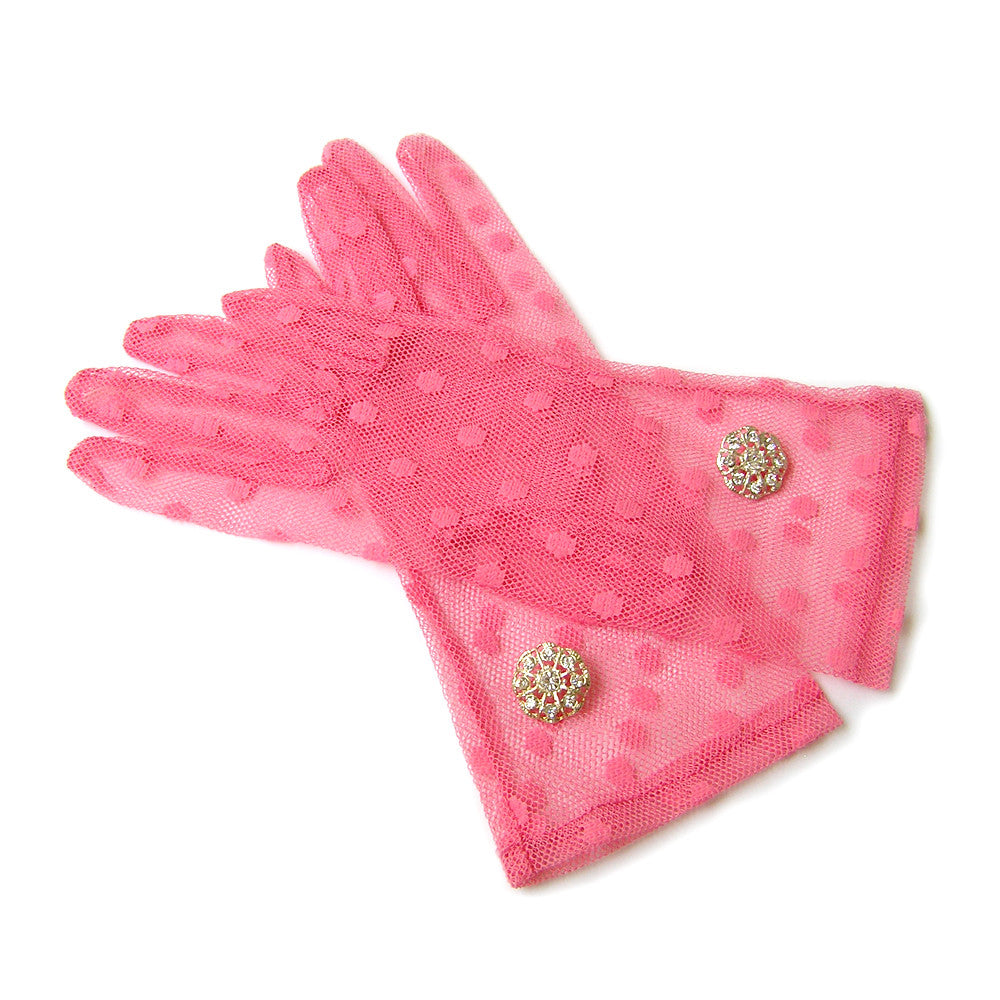 Pink Gloves, Pink Polka Dot Lace Gloves with Rhinestone Jewelry