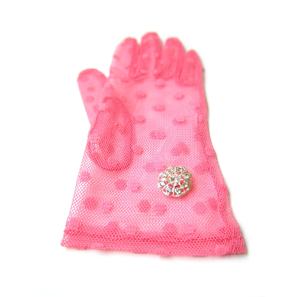 Pink Gloves, Pink Polka Dot Lace Gloves with Rhinestone Jewelry