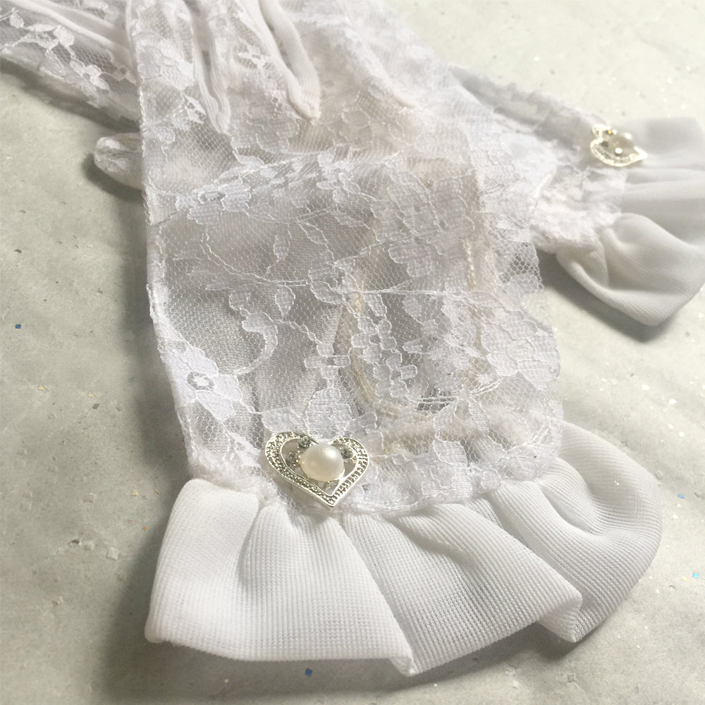 White Lace Gloves, Lace Wedding Gloves with Heart Shaped Pearl and Rhinestone Jewelry