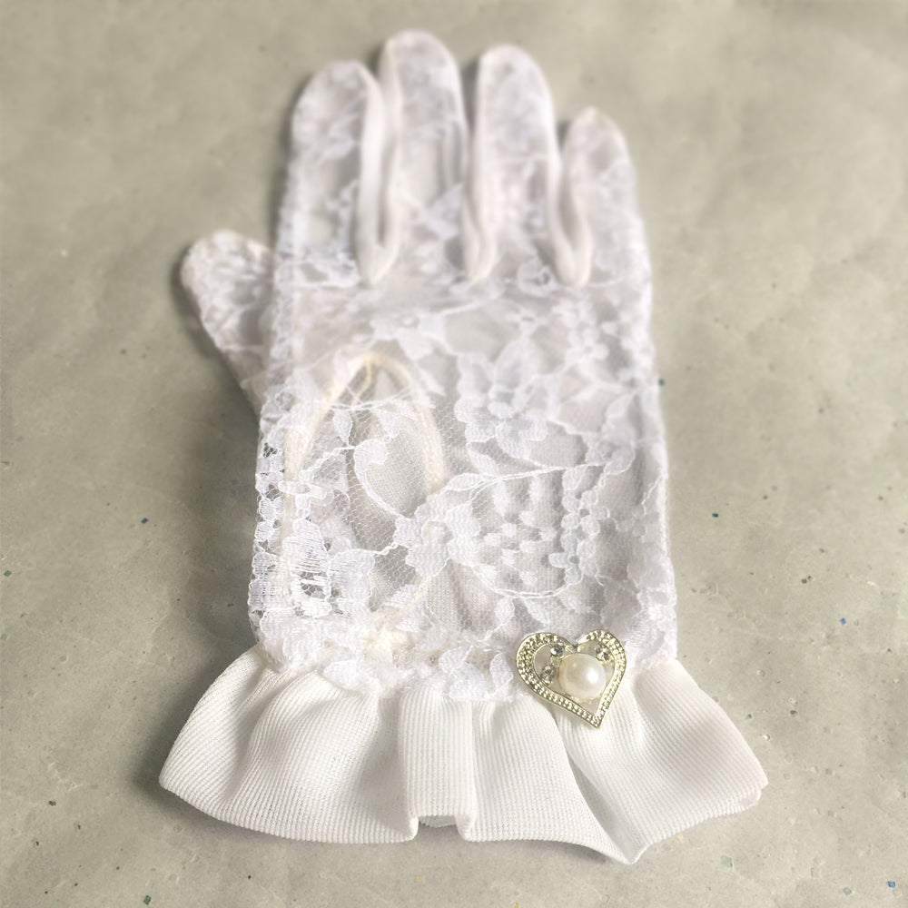 White Lace Gloves, Lace Wedding Gloves with Heart Shaped Pearl and Rhinestone Jewelry