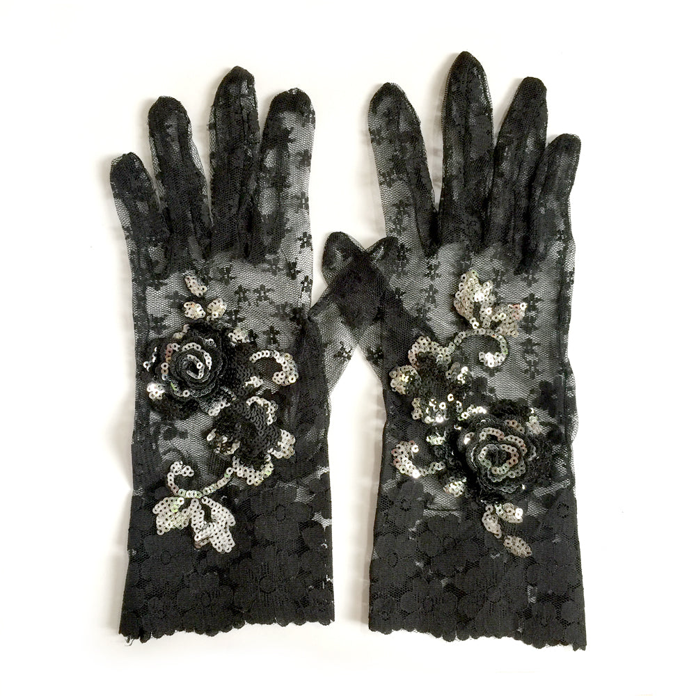 Black Lace Gloves with Black and Silver Sequins, Black Fancy Dress Gloves, Wedding, Gothic
