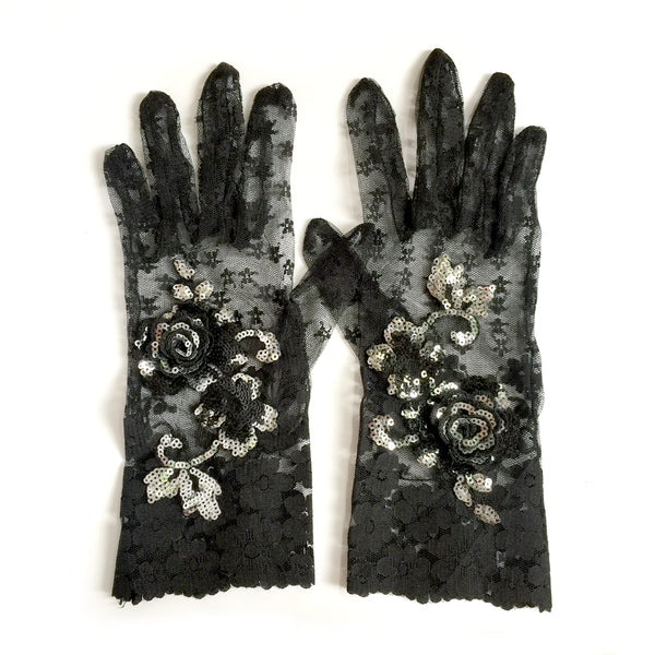 Black Lace Gloves with Black and Silver Sequins, Vintage Fashion Gloves, Wedding, Gothic