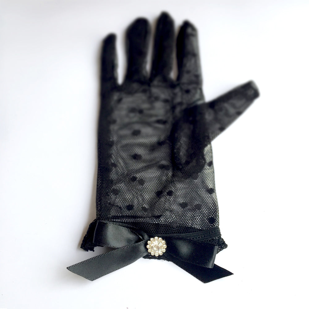 Guantes de encaje de lunares negros, guantes cortos de encaje negro con lazo y bisutería de strass