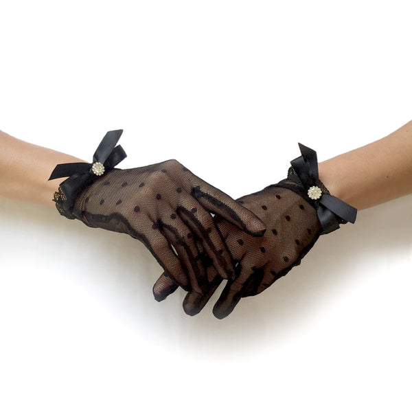 Guantes de encaje de lunares negros, guantes cortos de encaje negro con lazo y bisutería de strass