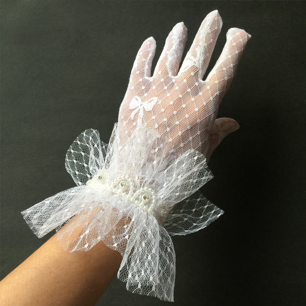 Guantes de novia de encaje blanco de boda vintage, guantes de muñeca, guantes cortos de encaje con lentejuelas blancas y plateadas