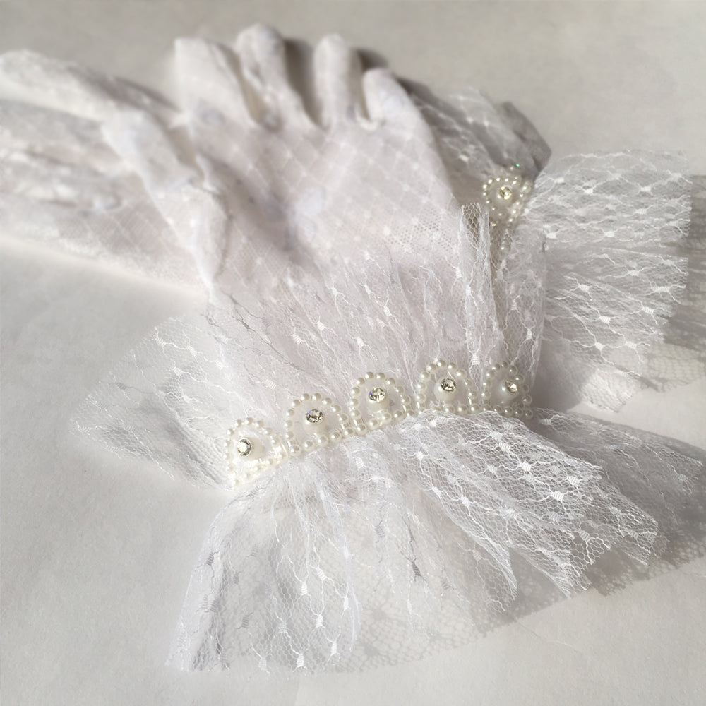 Vintage Wedding White Lace Bridal Gloves, Wrist Gloves, Short Lace Gloves with With White and Silver Sequin
