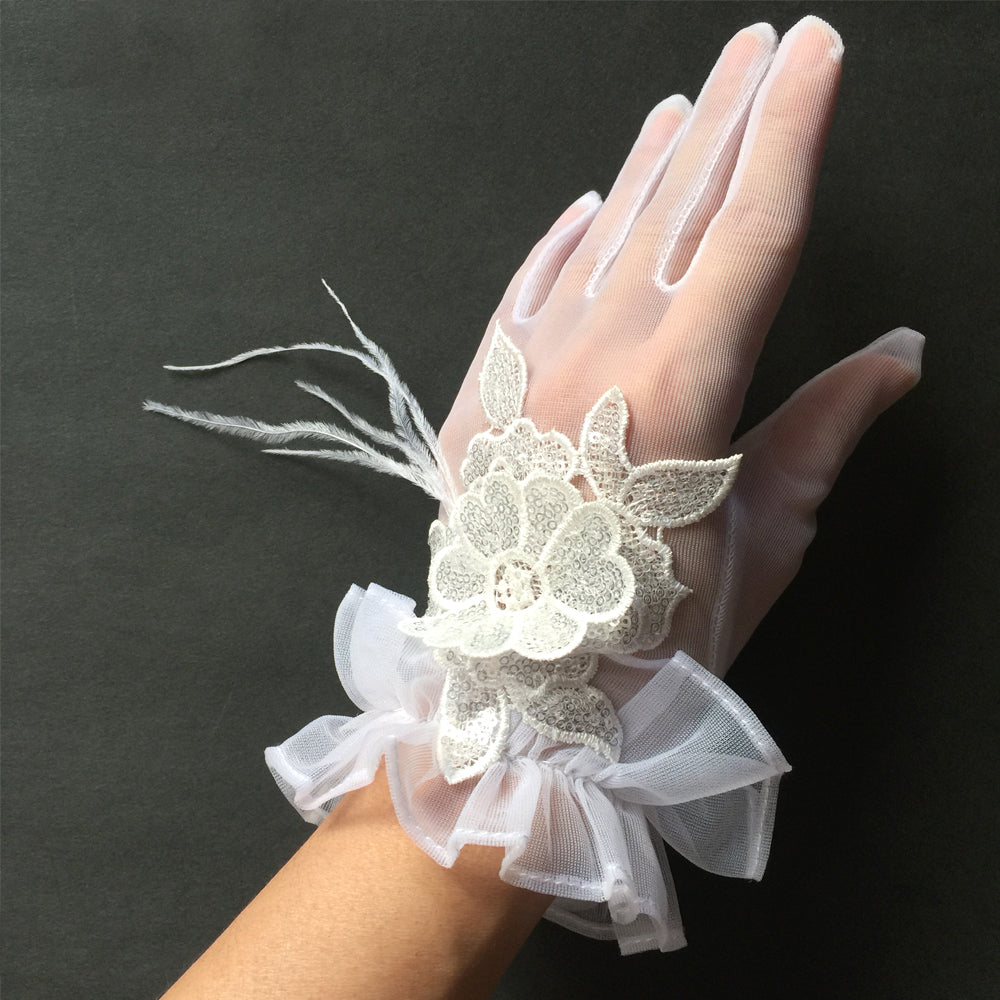 Guantes de novia de encaje blanco, guantes de boda de encaje vintage con plumas de avestruz, flor de guantes de encaje