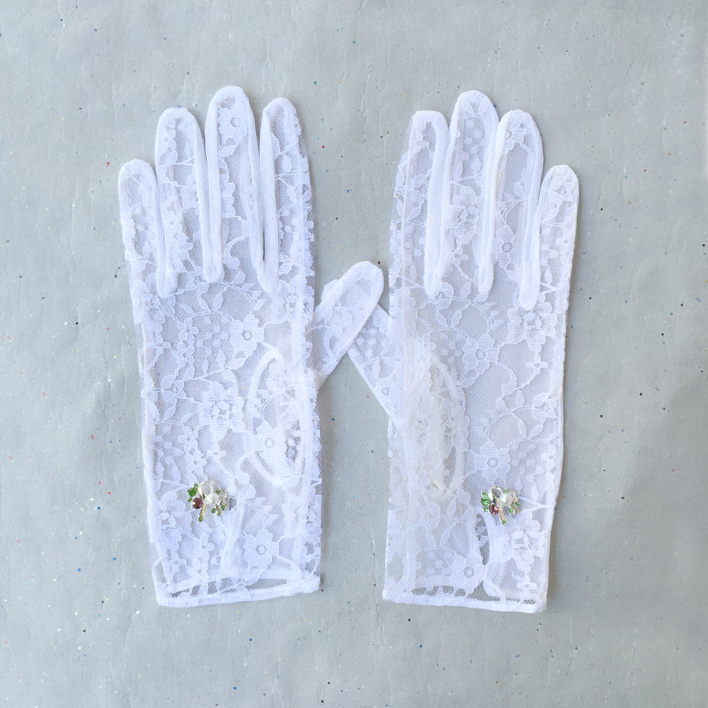 White Lace Bridemaids Gloves, White Wedding Gloves, White Lace Gloves with Jewelry