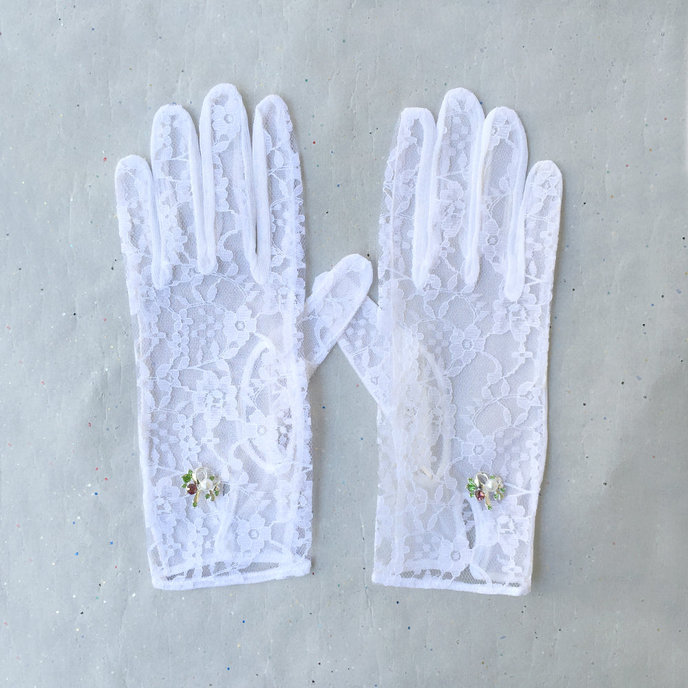 Guantes de novia de encaje blanco, guantes de boda blancos, guantes de encaje blanco con joyería