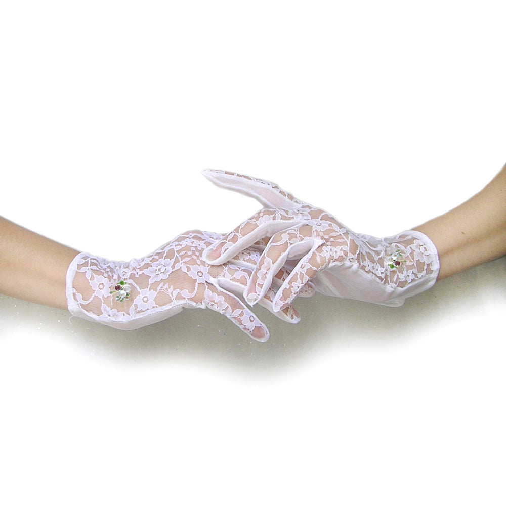 White Lace Bridemaids Gloves, White Wedding Gloves, White Lace Gloves with Jewelry