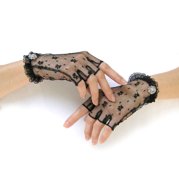 Guantes de encaje negro, guantes transparentes, guantes negros sin dedos con joyas AB Rhinestone