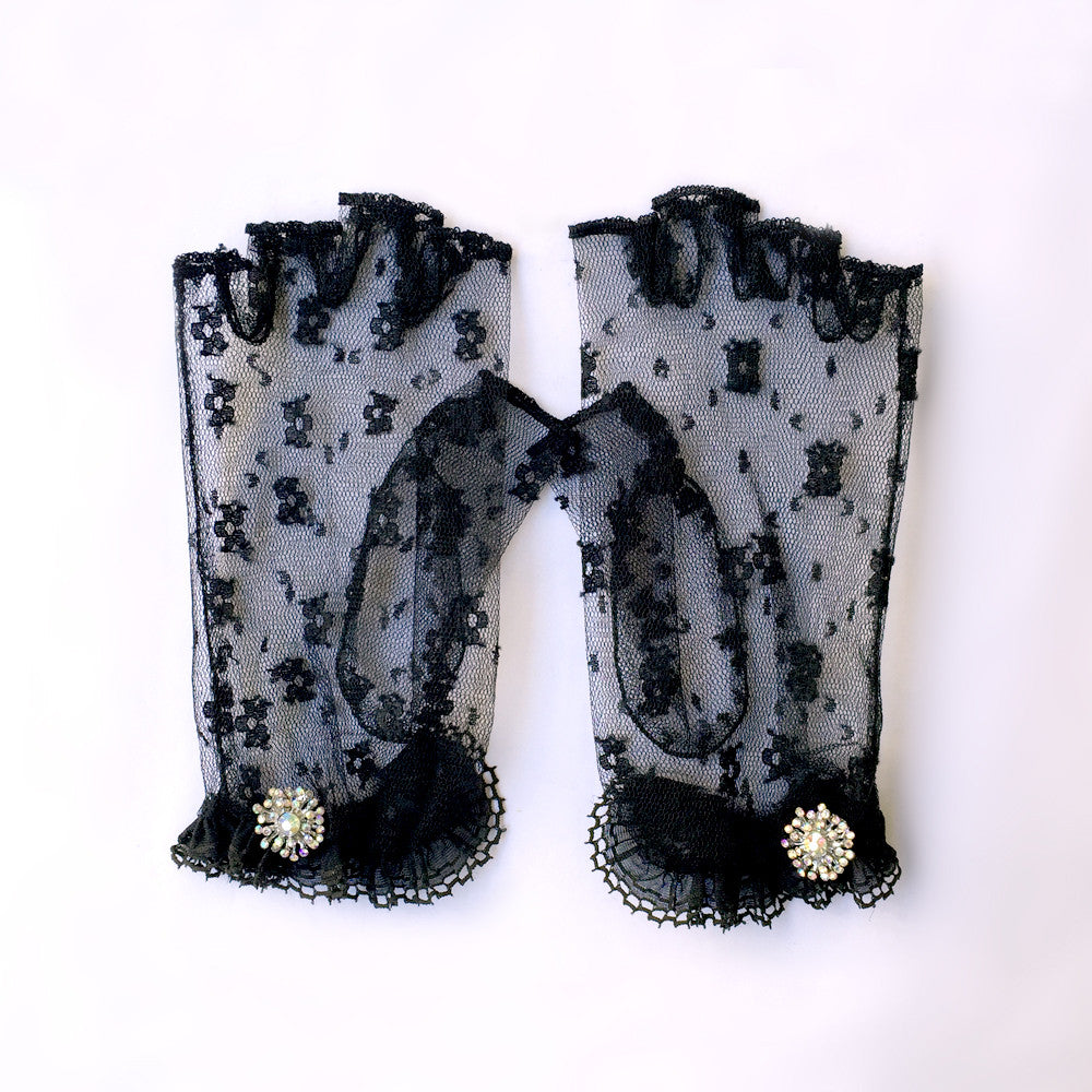 Black Lace Gloves, Sheer Gloves, Black Fingerless Gloves with AB Rhinestone Jewelry