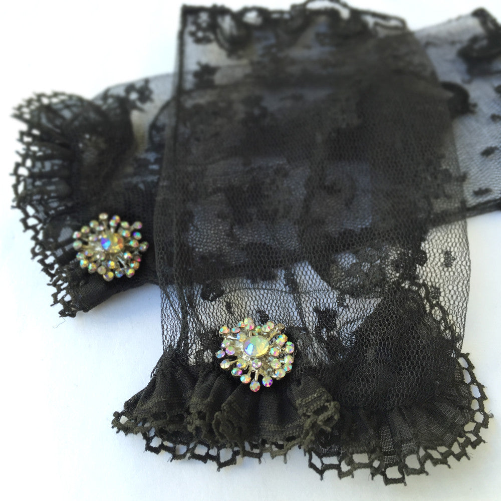 Black Lace Gloves, Sheer Gloves, Black Fingerless Gloves with AB Rhinestone Jewelry