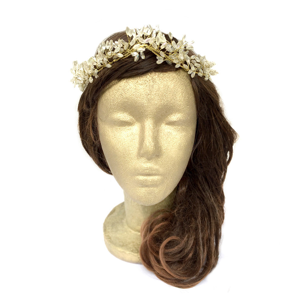 Corona de flores de oro, vid de pelo nupcial, vid de pelo de boda de oro, hecho a mano