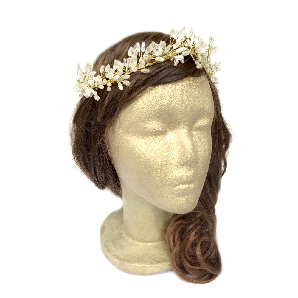 Corona de flores de oro, vid de pelo nupcial, vid de pelo de boda de oro, hecho a mano