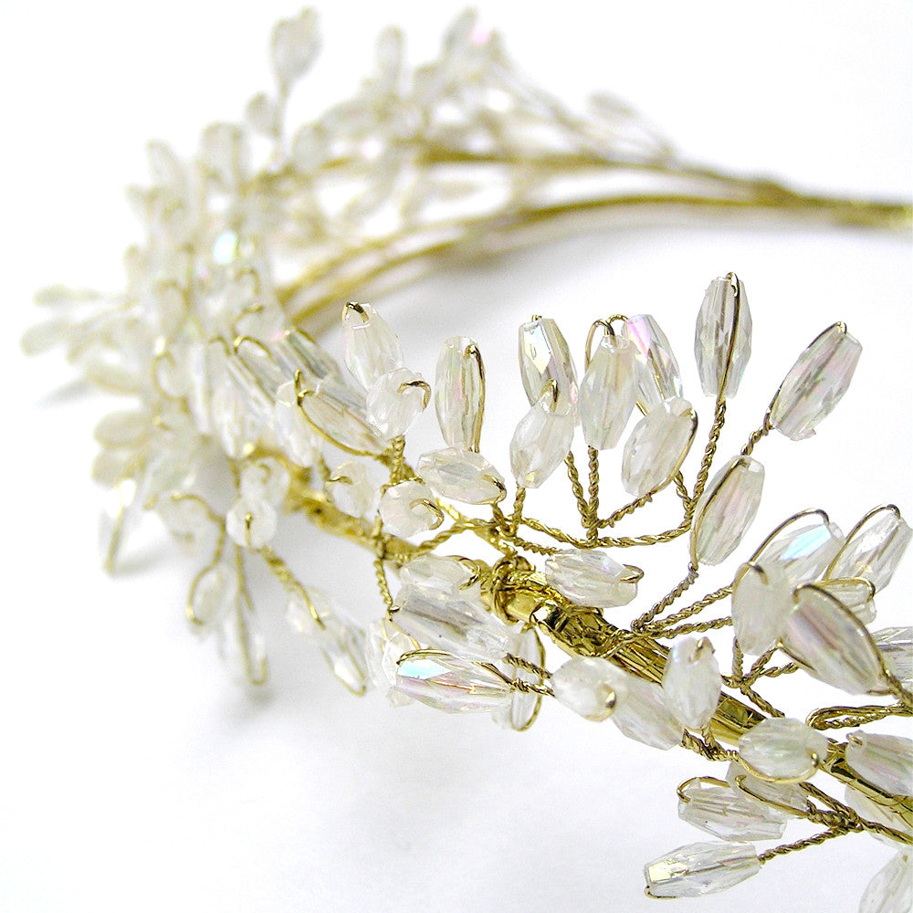 Corona de flores de oro, vid de pelo nupcial, vid de pelo de boda de oro, hecho a mano