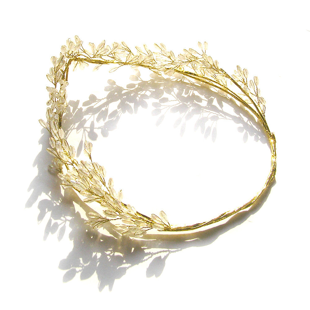 Corona de flores de oro, vid de pelo nupcial, vid de pelo de boda de oro, hecho a mano