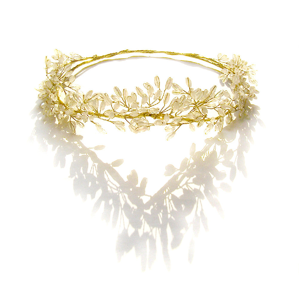 Corona de flores de oro, vid de pelo nupcial, vid de pelo de boda de oro, hecho a mano