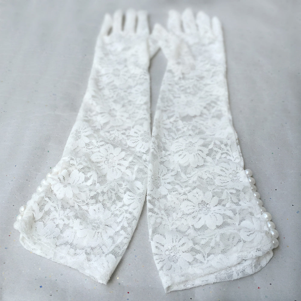 Wedding Gloves, Ivory Gloves, Long Lace Gloves with Pearl Jewelry