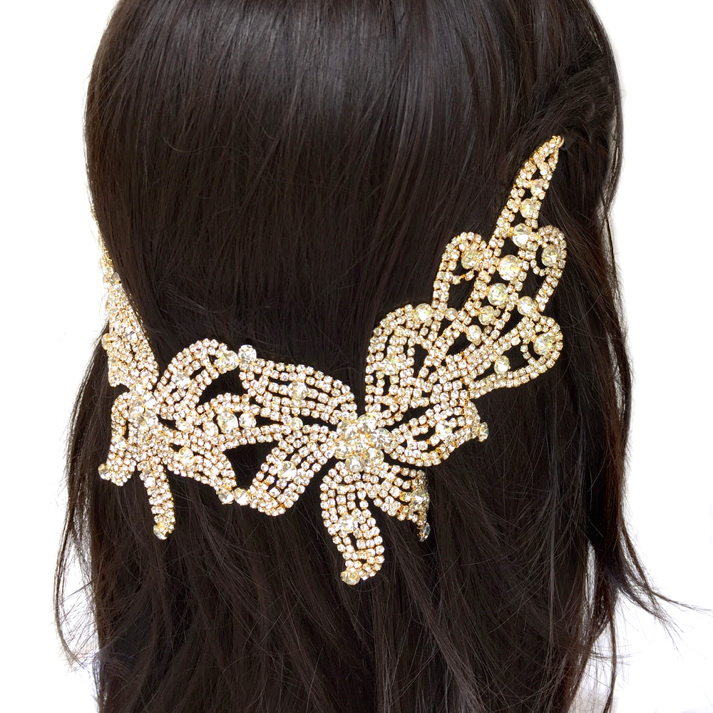 Black Boho Rhinestone Back Headpiece, Big Bridal Back Headpiece for Weddings, Bohemian Headpiece for Back of the Head