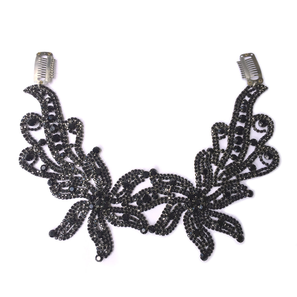 Black Boho Rhinestone Back Headpiece, Big Bridal Back Headpiece for Weddings, Bohemian Headpiece for Back of the Head