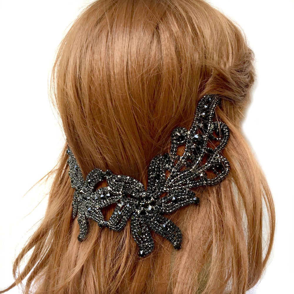 Black Boho Rhinestone Back Headpiece, Big Bridal Back Headpiece for Weddings, Bohemian Headpiece for Back of the Head