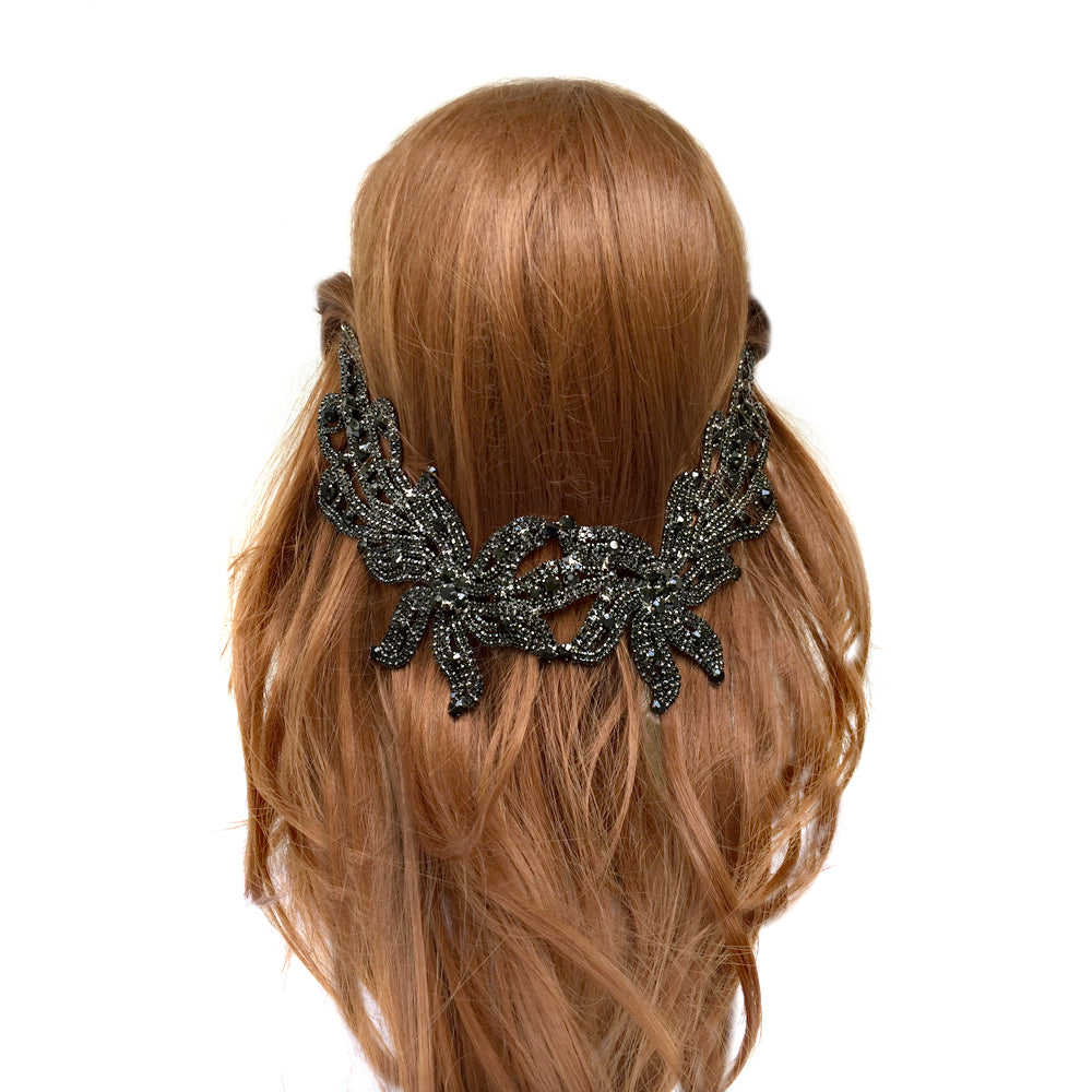 Black Boho Rhinestone Back Headpiece, Big Bridal Back Headpiece for Weddings, Bohemian Headpiece for Back of the Head