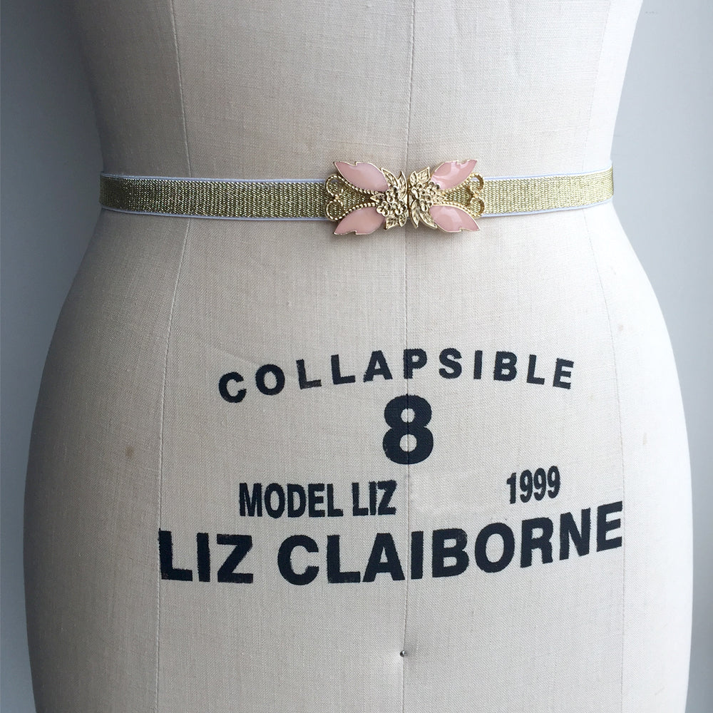 Gold Flower Belt, Custom Elastic Belt with 1970s Vintage Belt Buckle from Japan, Plus Size Belt