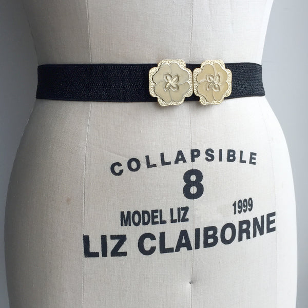 Flower Belt Buckle from Japan, Custom Vintage Elastic Cinch Belt, Gold Elastic Belt, 1920s accessories
