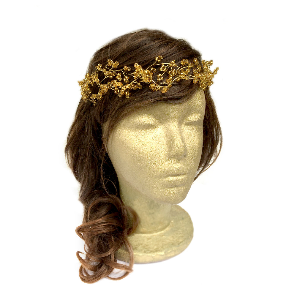Boda de tocado griego, cabello nupcial Boho, corona de círculo de oro hecha a mano
