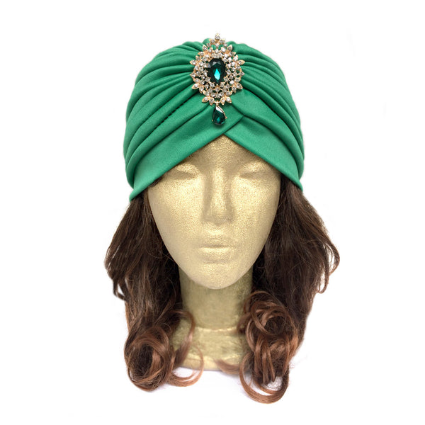 Green Turban Hat, Turban Hijab with Rhinestone Jewelry, Green Hat, 1930s