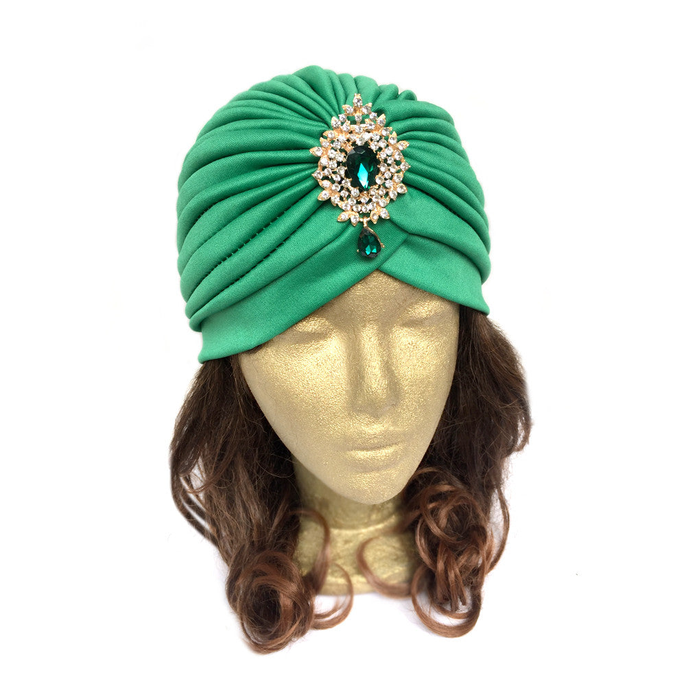 Green Turban Hat, Turban Hijab with Rhinestone Jewelry, Green Hat, 1930s
