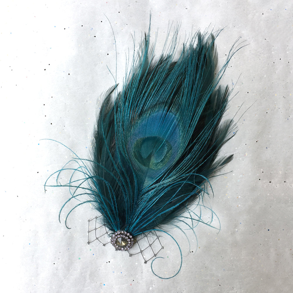 Boda fascinador de plumas de pavo real, clips de pelo nupcial de estilo vintage, pasador de broche de pieza de pelo