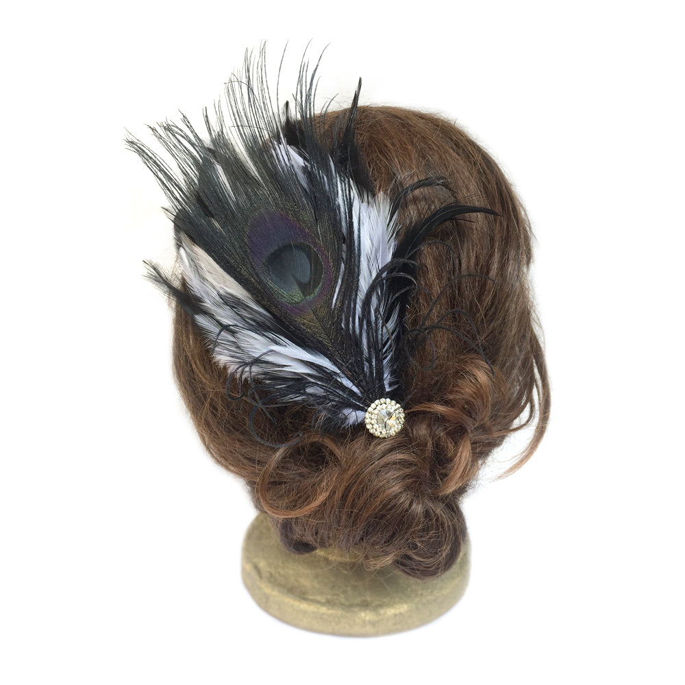 Clip de pelo fascinador de plumas negras, fascinador blanco y negro, clip de pelo de plumas nupciales