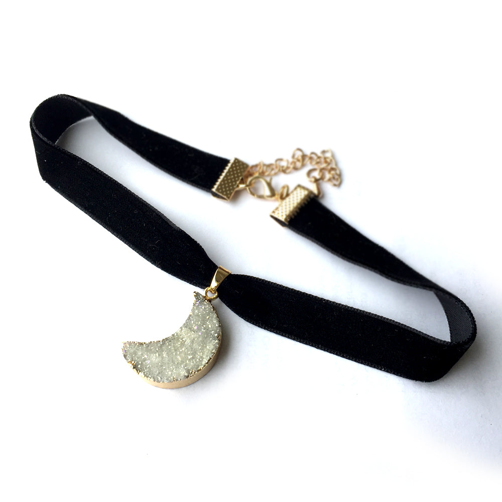 Druzy Choker Necklace, Moon Necklace Violet, Amethyst Druzy Necklace Choker, Quartz Crystal Choker Necklace