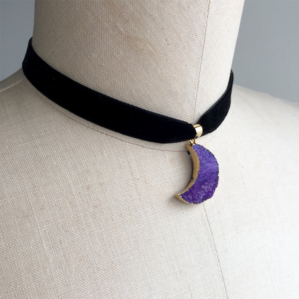 Druzy Choker Necklace, Moon Necklace Violet, Amethyst Druzy Necklace Choker, Quartz Crystal Choker Necklace