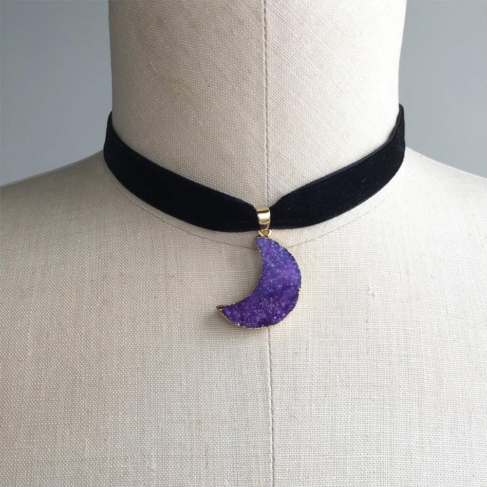 Druzy Choker Necklace, Moon Necklace Violet, Amethyst Druzy Necklace Choker, Quartz Crystal Choker Necklace