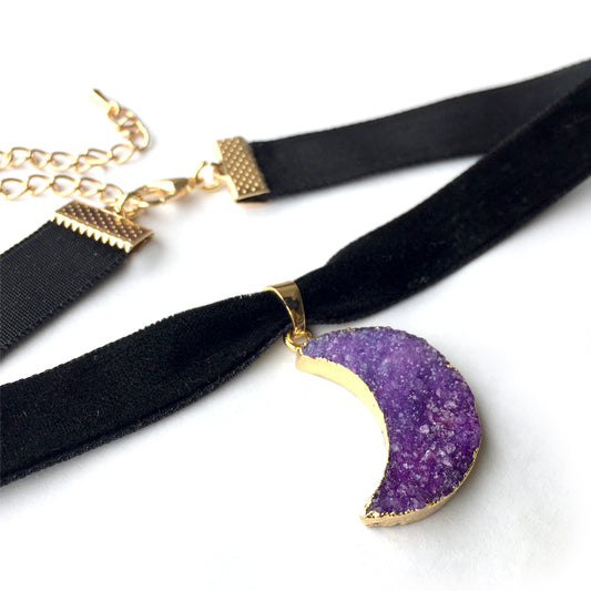 Druzy Choker Necklace, Moon Necklace Violet, Amethyst Druzy Necklace Choker, Quartz Crystal Choker Necklace