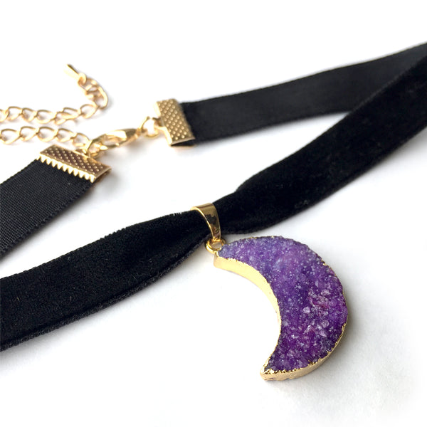 Druzy Choker Necklace, Moon Necklace Violet, Amethyst Druzy Necklace Choker